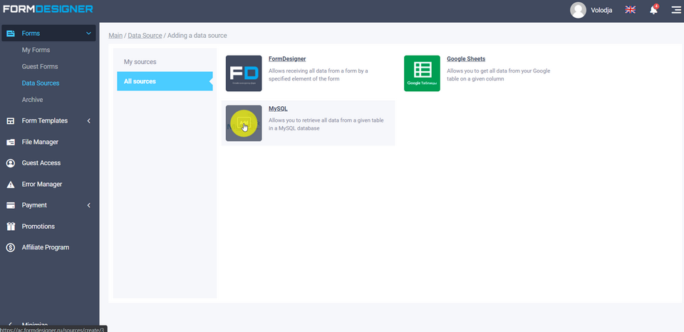 Adding the MySQL data source