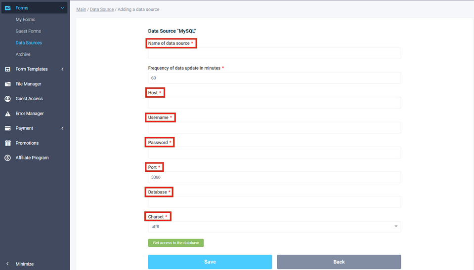 MySQL Data Source Connection Parameters